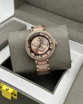 Luxury Rose Gold Ladies Watch with Crystal Bezel & Elegant Metal Bracelet