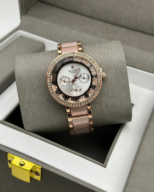 Luxury Rose Gold Ladies Watch with Crystal Bezel & Elegant Metal Bracelet