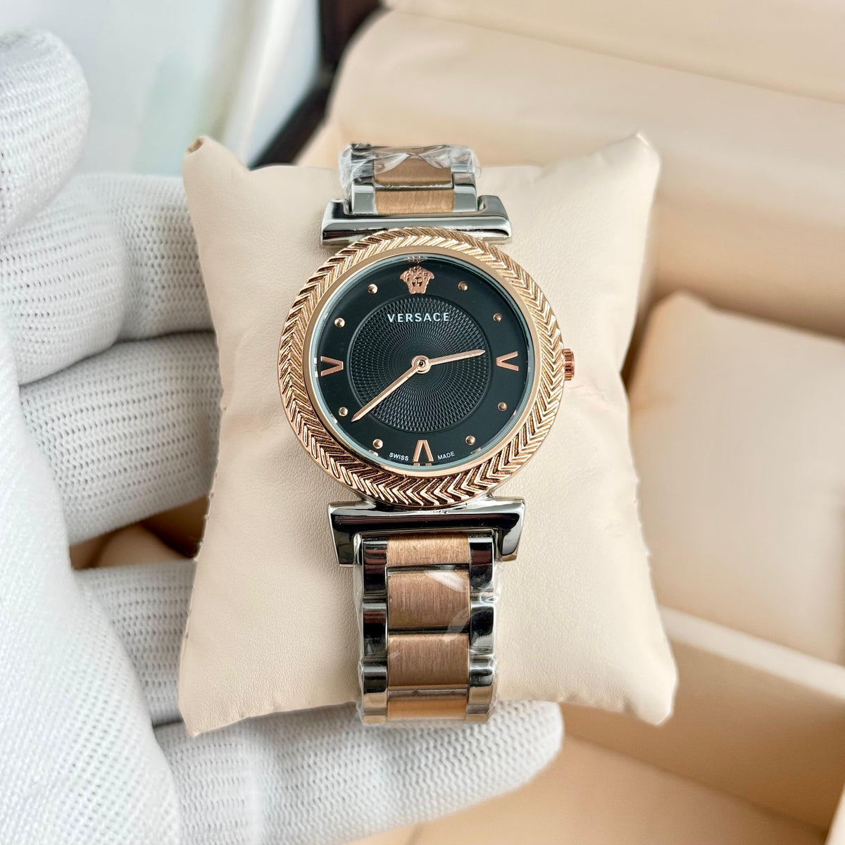 Women's Chevron Bezel Watch – Green Dial Two-Tone Silver & Rose-Gold