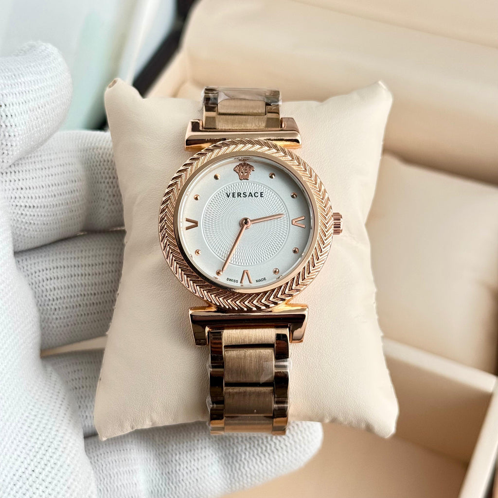 Women's Chevron Bezel Watch – White Dial Full Rose-Gold