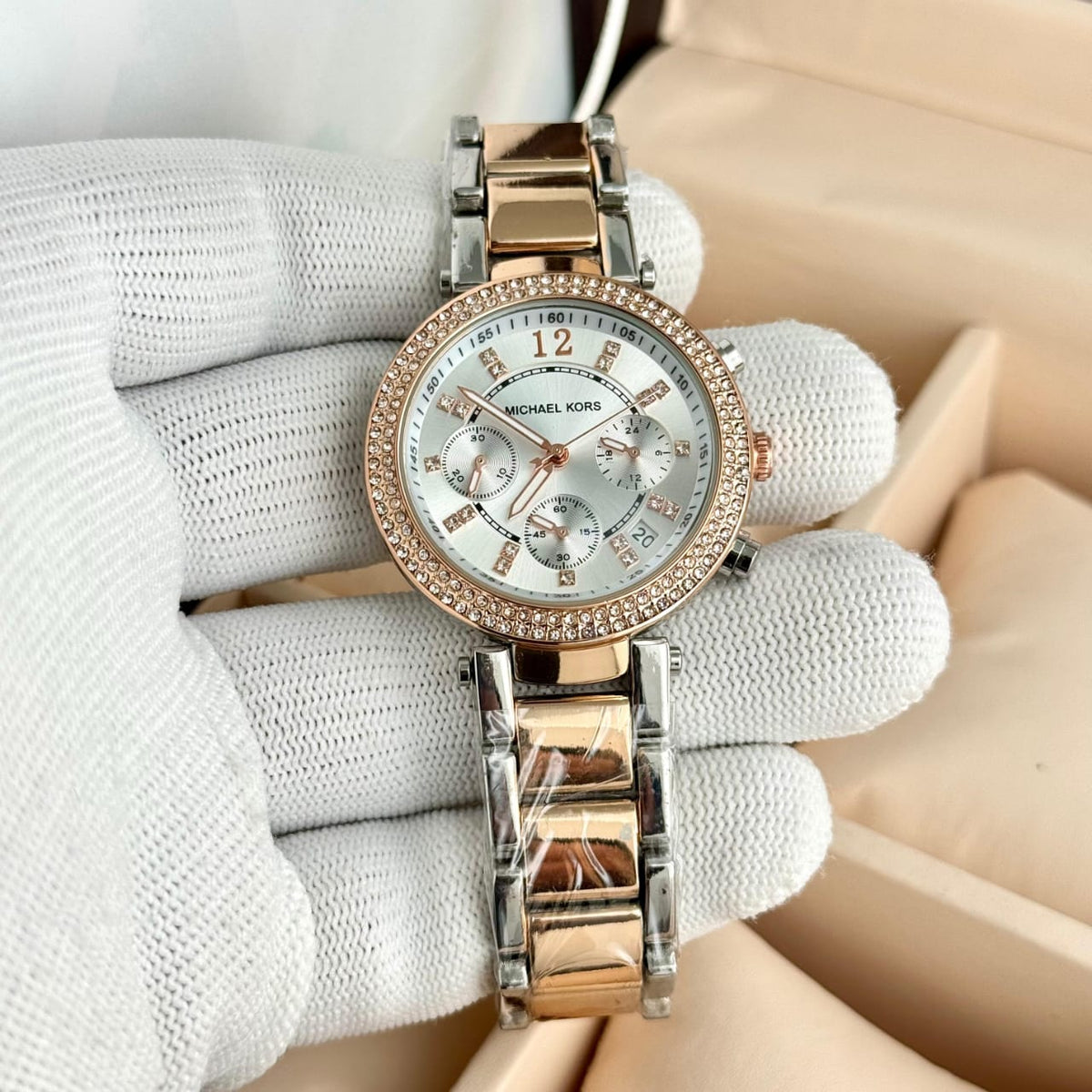 Rose Gold & Silver Crystal Dial Women's Chronograph Watch