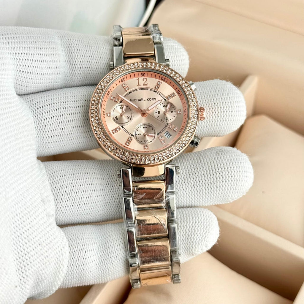 Rose Gold & Silver Crystal Dial Women's Chronograph Watch