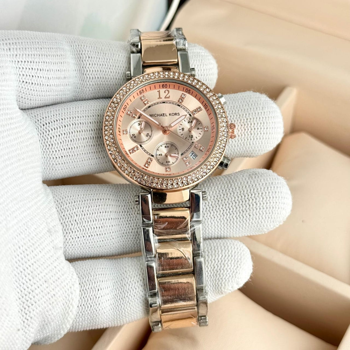 Rose Gold & Silver Crystal Dial Women's Chronograph Watch